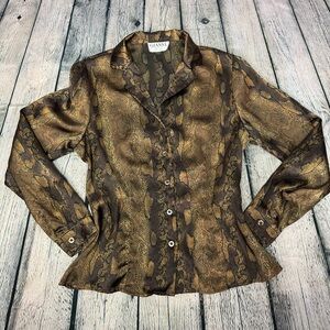 Gianni Vintage Brown Snake Print Satin Women's Long Sleeve Button Down Top Sz 10